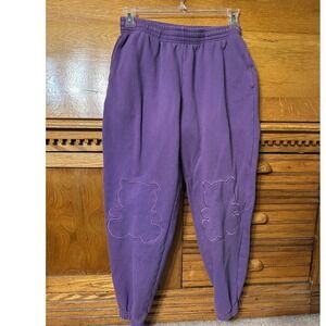 Teddy Fresh Y2K Purple Bear‎ Outline Embroidered Sweatpants Mens Joggers Fleece